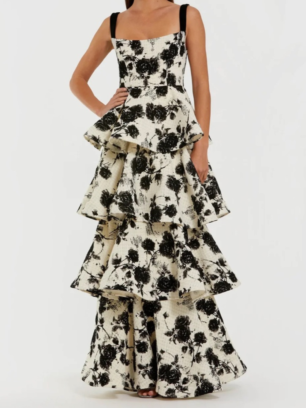 Mac Duggal - Black and White Floral Boucle Tiered Ruffle Gown